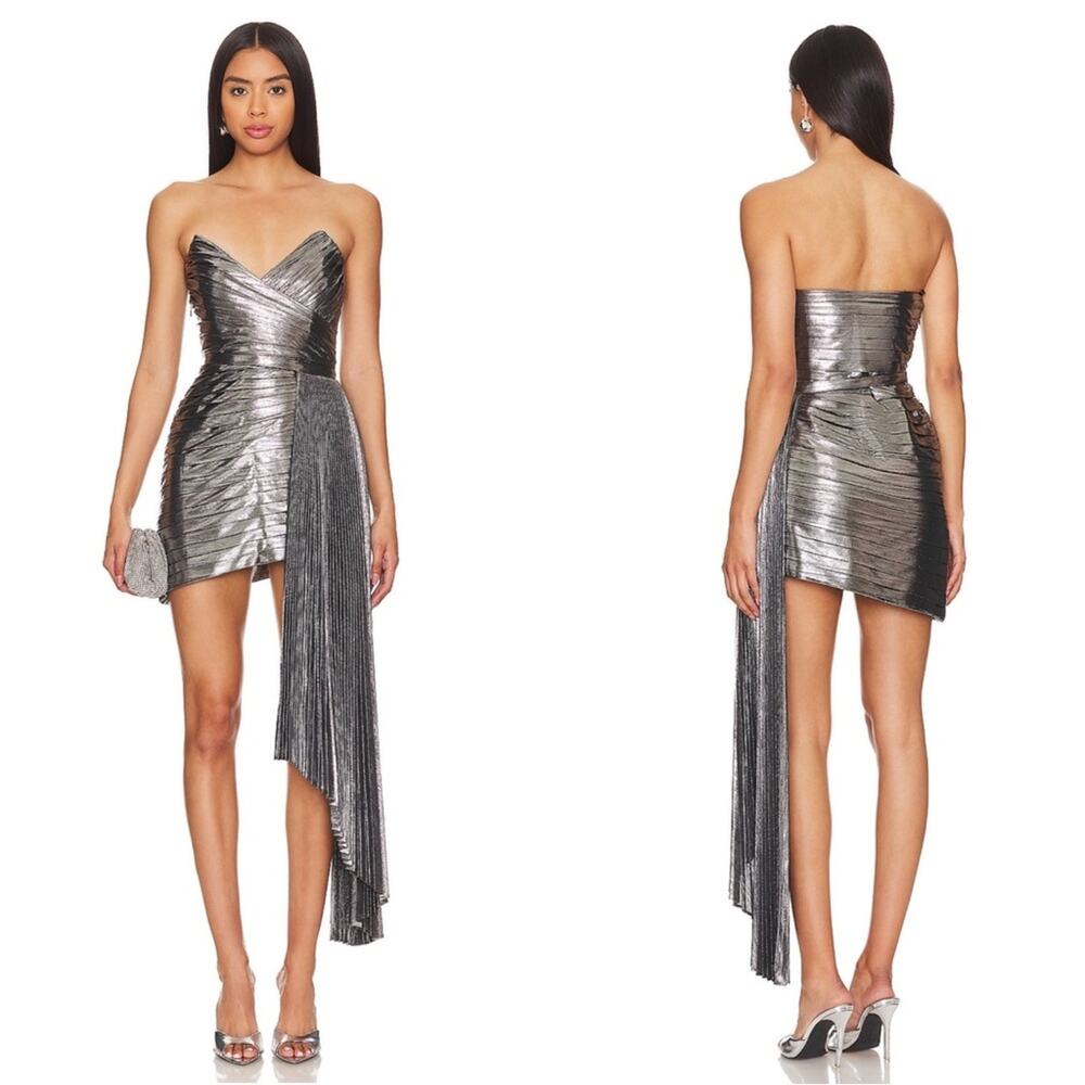 RETROFETE Kenzie Ruched Pleated Draped Strapless Mini Dress with Train Sz Small